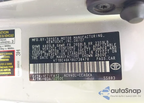 2008 Toyota Camry Xle from USA, damaged, VIN 4T1BE46K18U738478